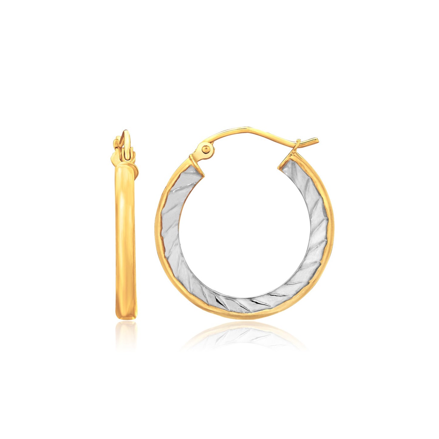14K Two Tone Gold Polished and Textured Hoop Earrings (1 inch Diameter)