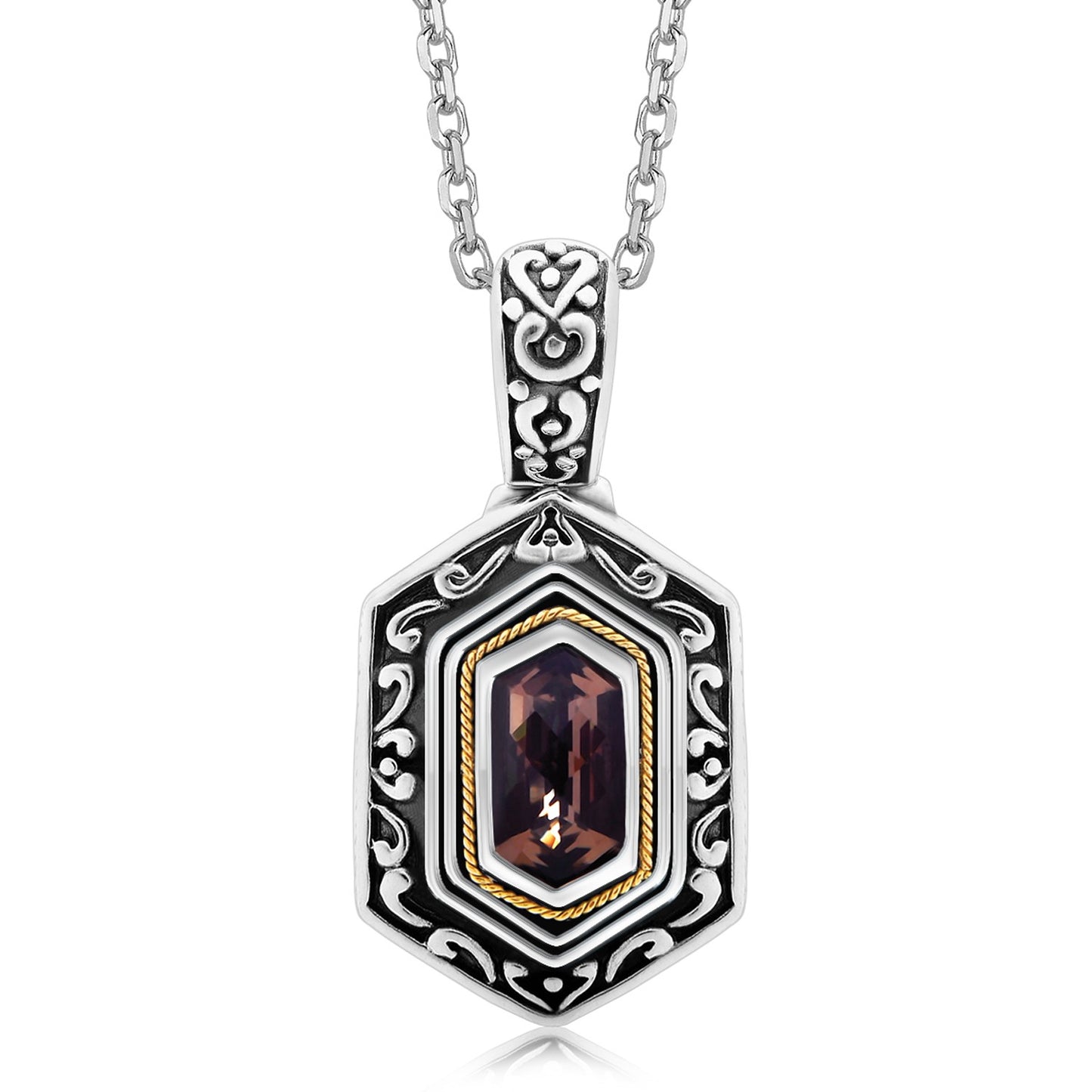 18K Yellow Gold and Sterling Silver Antique Style Smokey Quartz Accented Pendant