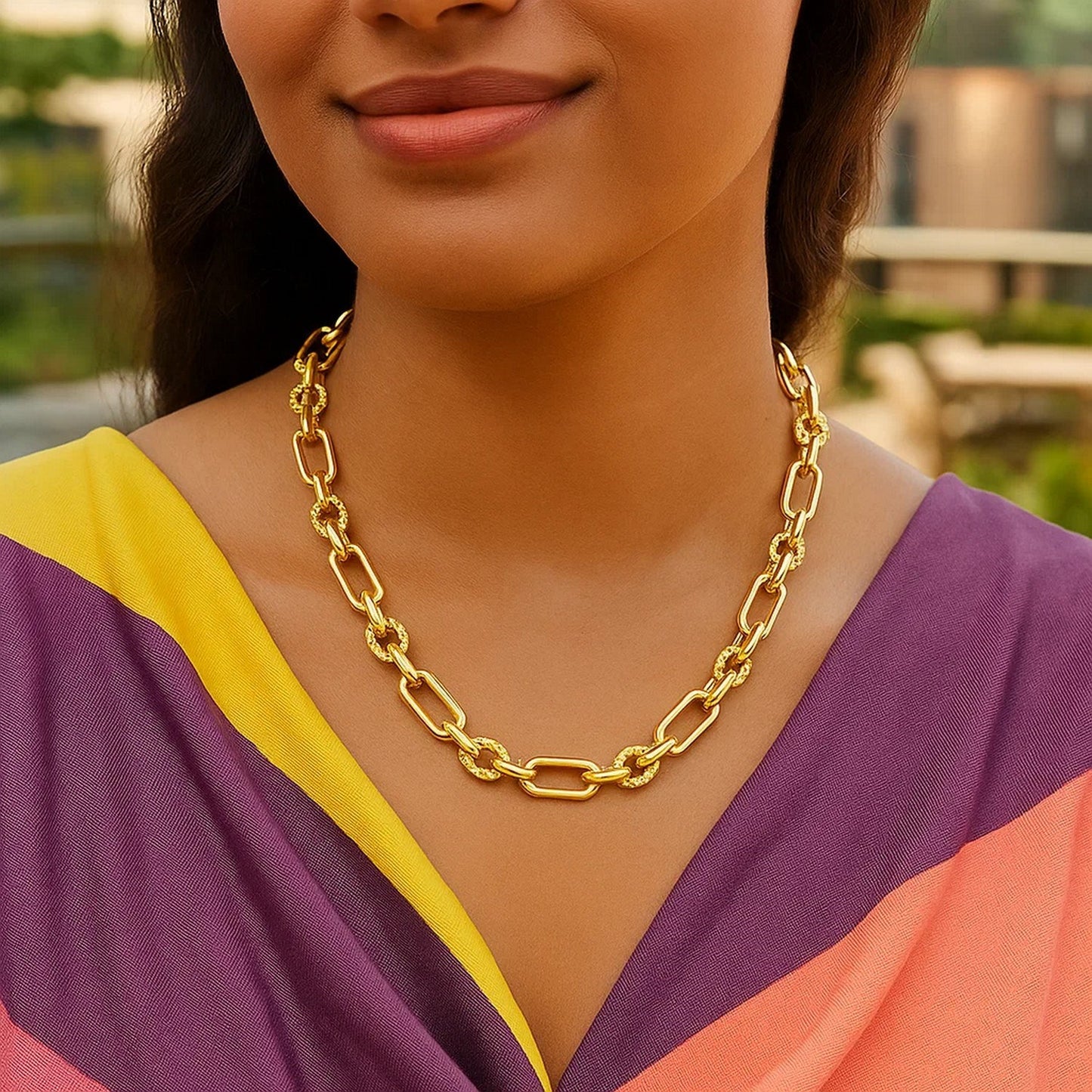 Rounded Rectangular Link Necklace with Textured Round Links in 14k Yellow Gold