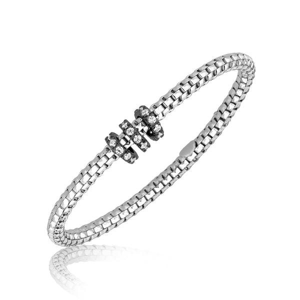 Sterling Silver Rhodium-Plated Mesh Slim Bangle with Crystal Studded Stations