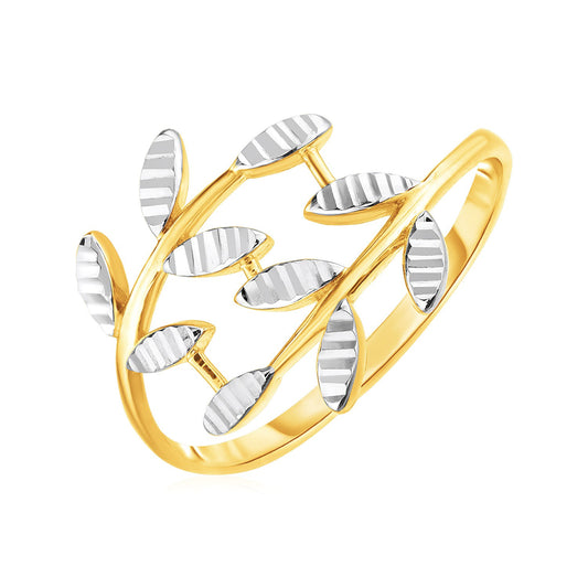 14K Two Tone Gold Crossover Ring with Textured Leaves (1.50 mm)