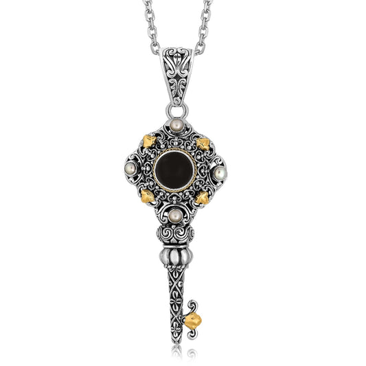 18K Yellow Gold and Sterling Silver Black Onyx and Pearl Key Motif Pendant