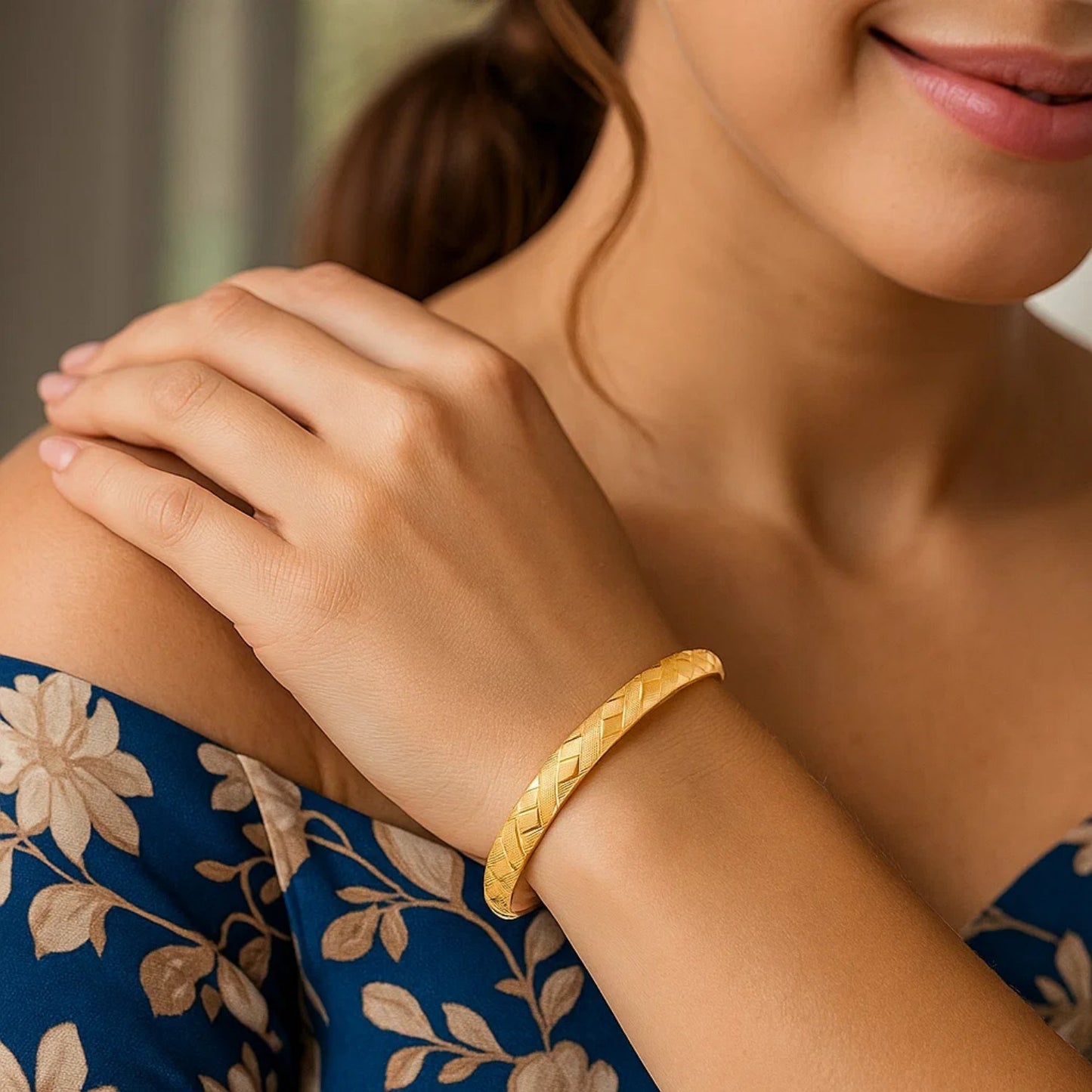 14K Yellow Gold Domed Bangle with a Weave Motif (6.00 mm)