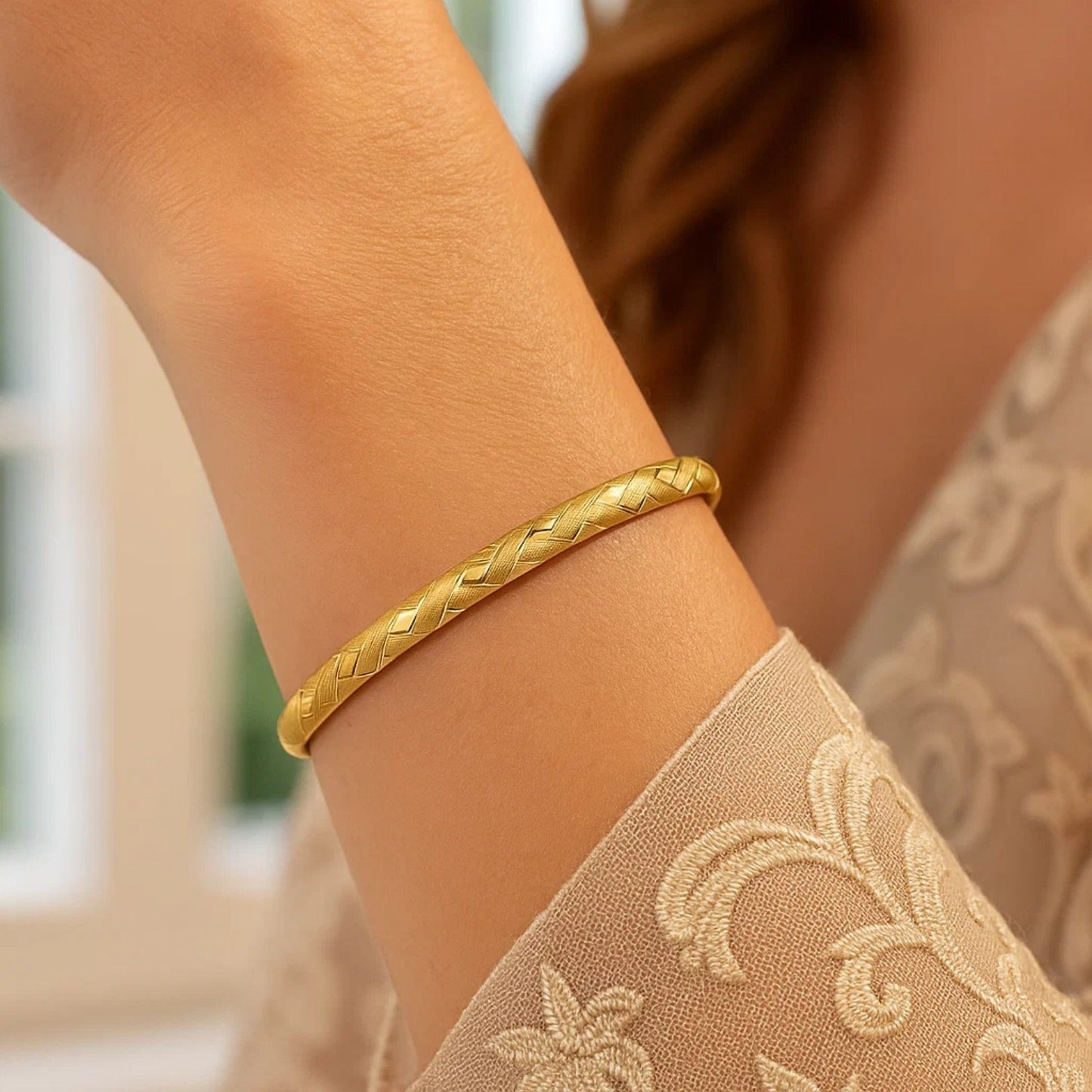 14K Yellow Gold Domed Bangle with a Weave Motif (6.00 mm)