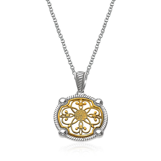 14K Yellow Gold and Sterling Silver Necklace with Fancy Floral Filigree Pendant