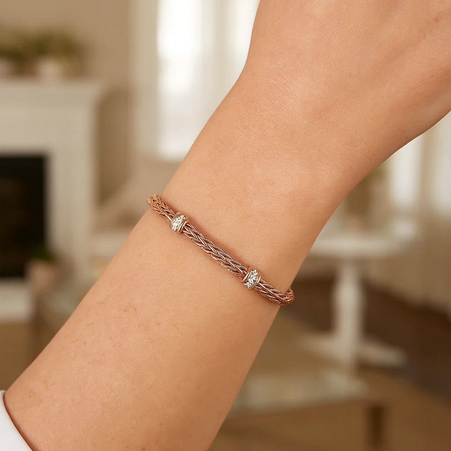 Polished Woven Rope Bracelet with Diamond Accents in 14k Rose Gold