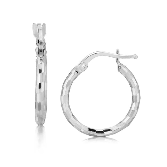 Sterling Silver Rhodium Plated Diamond Cut Small Hoop Earrings (2 x 15 mm)