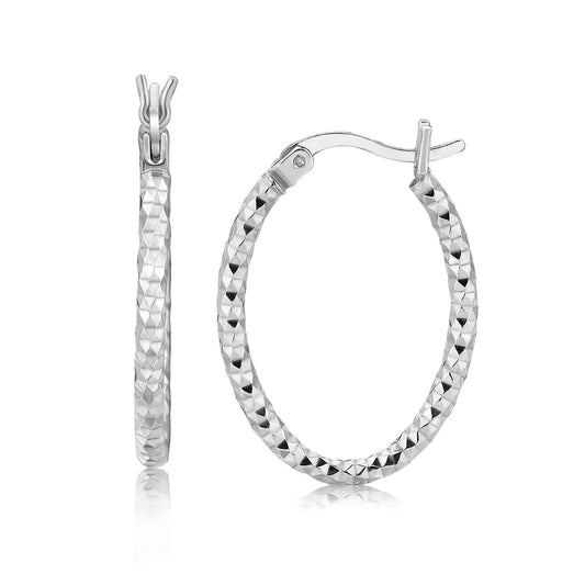 Sterling Silver Hoop Diamond Cut Texture Earrings with Rhodium Plating (2 x 15 mm)