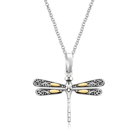 18K Yellow Gold and Sterling Silver Pendant in a Dragonfly Design