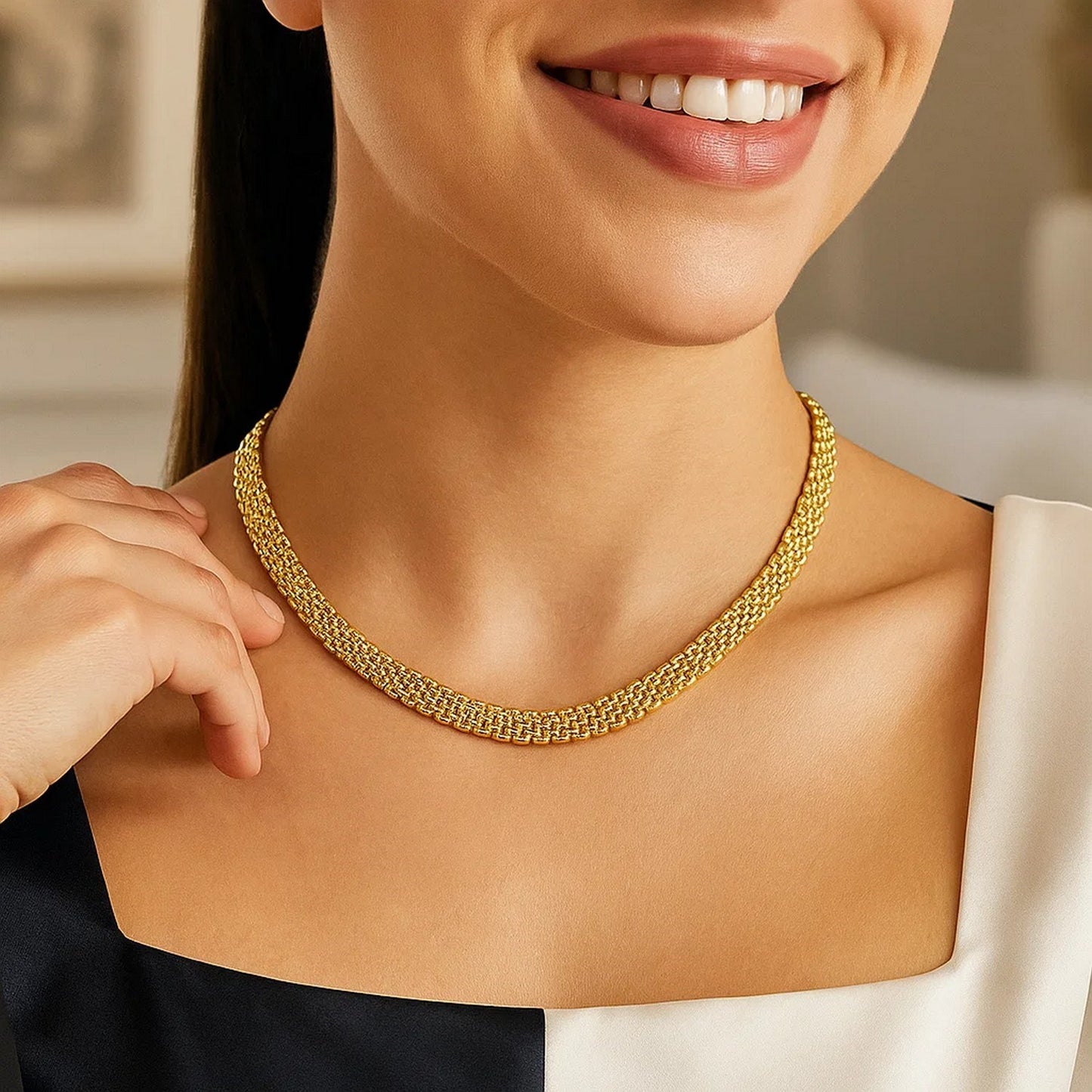 14k Yellow Gold Fancy Polished Multi-Row Panther Link Necklace