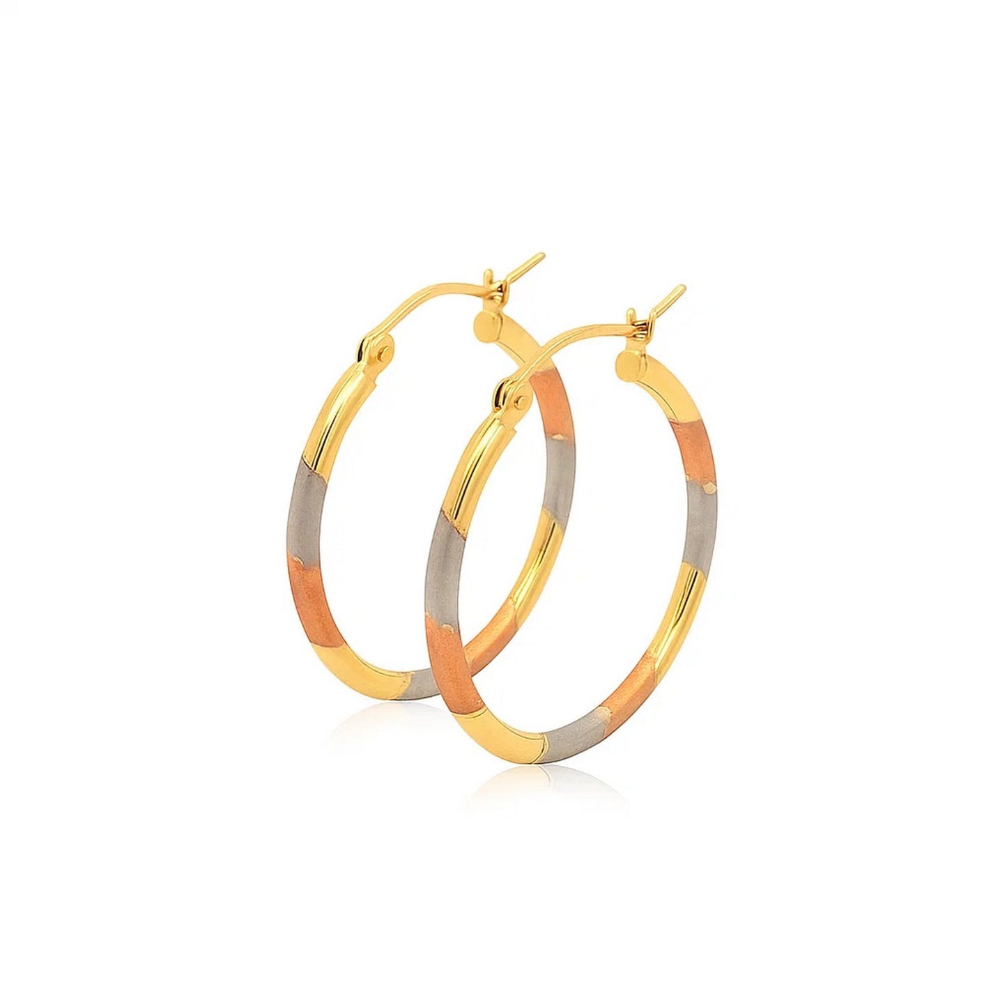 14k Tri-Color Textured Hoop Earrings (2x22mm)