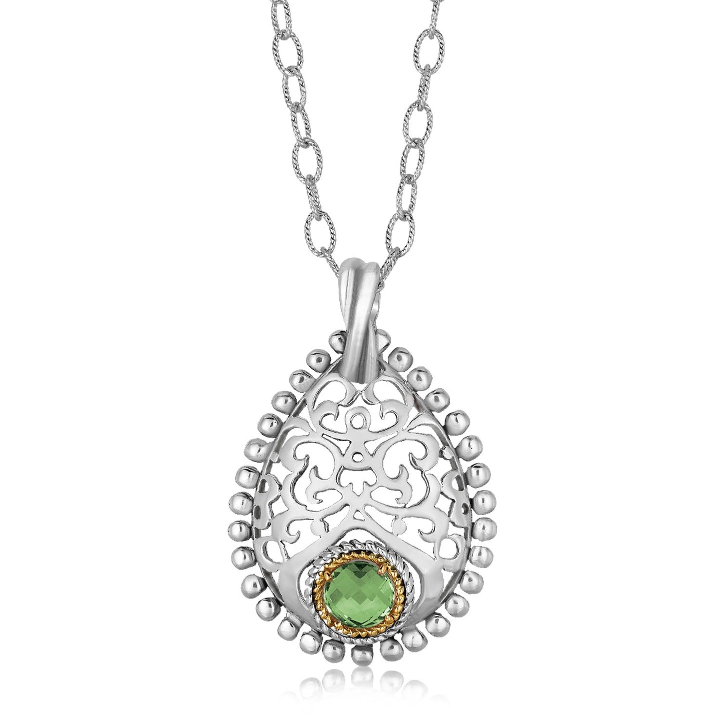 18K Yellow Gold and Sterling Silver Pendant with Round Green Amethyst