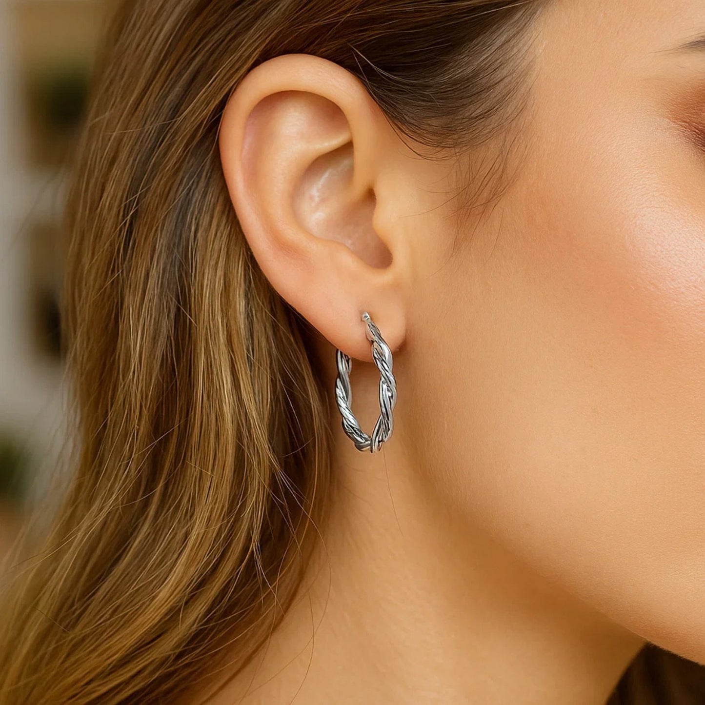 Sterling Silver Oval Hoop Braided Diamond Cut Earrings(4x22mm)