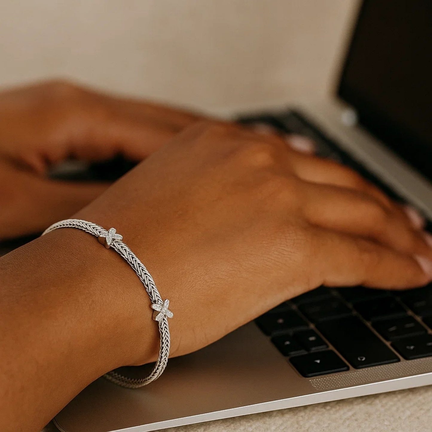 Woven Rope Bracelet with White Sapphire X Accents in Sterling Silver (2.00 mm)