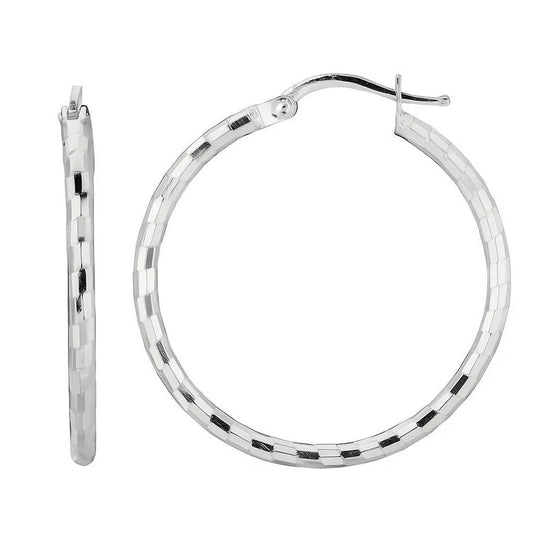 Sterling Silver Hoop Design Diamond Cut Earrings with Rhodium Plating (2x26mm)