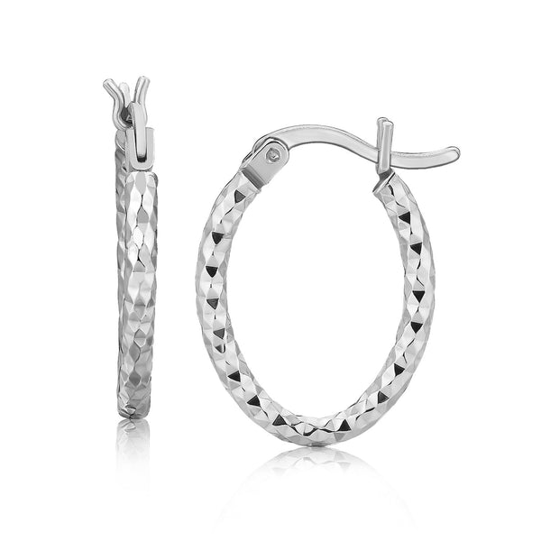 Sterling Silver Rhodium Plated Oval Hoop Diamond Cut Textured Earrings(2x10mm)