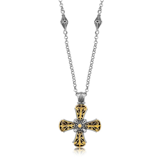 18K Yellow Gold and Sterling Silver Fancy Antique Style Cross Pendant