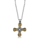 18K Yellow Gold and Sterling Silver Fancy Antique Style Cross Pendant