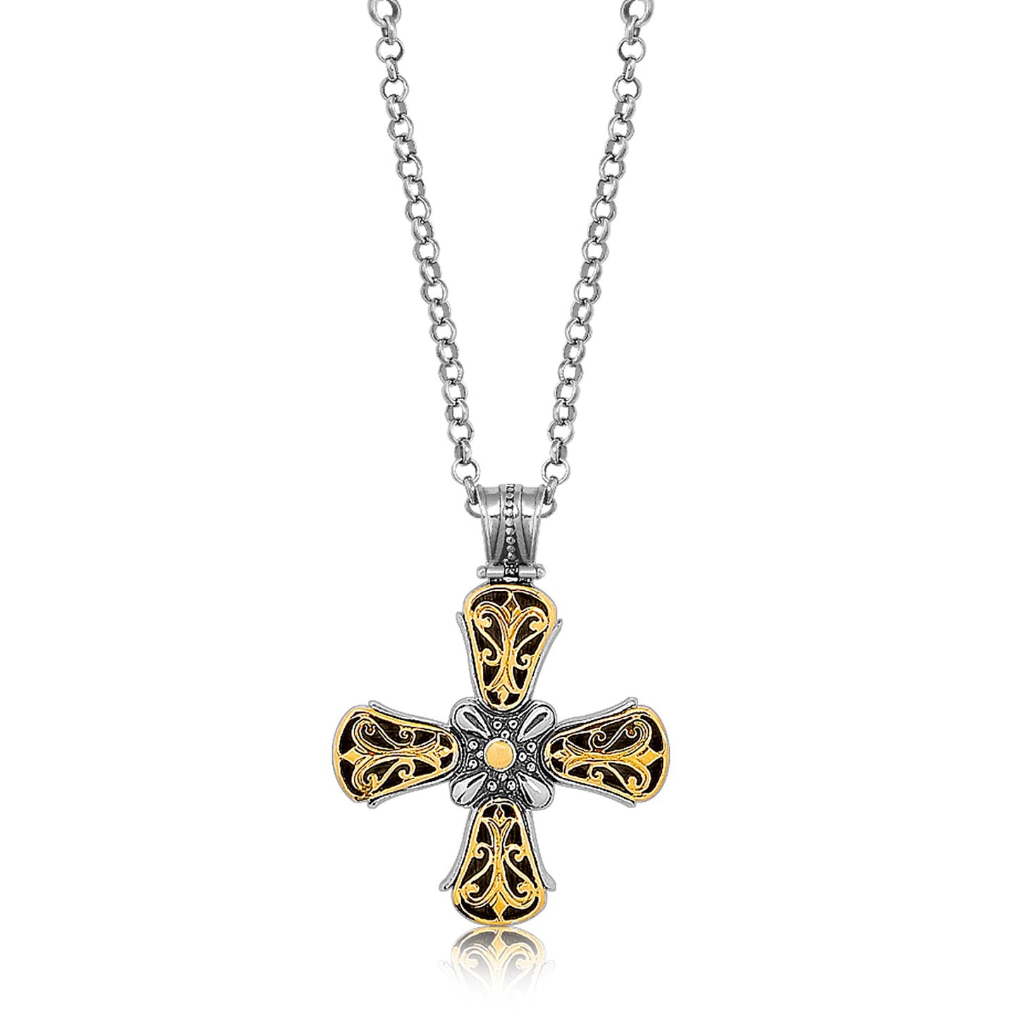 18K Yellow Gold and Sterling Silver Fancy Antique Style Cross Pendant
