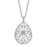 Sterling Silver Rhodium Plated Teardrop Shape Filigree Style Pendant