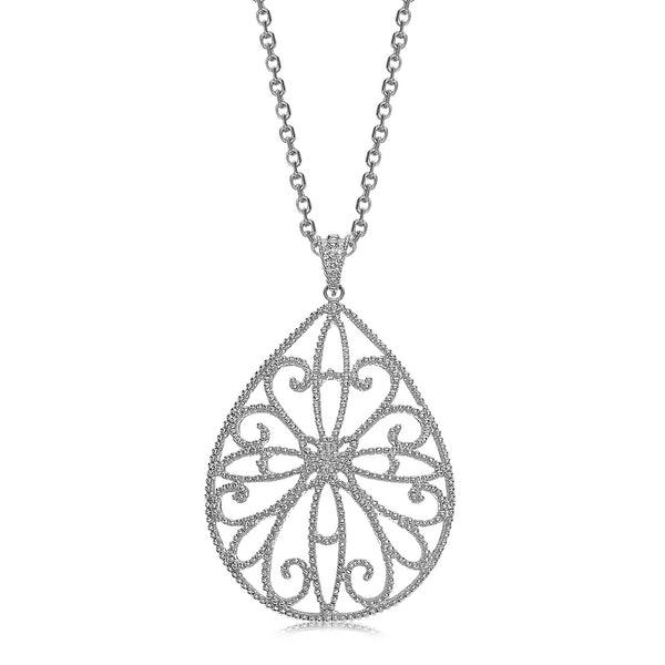 Sterling Silver Rhodium Plated Teardrop Shape Filigree Style Pendant