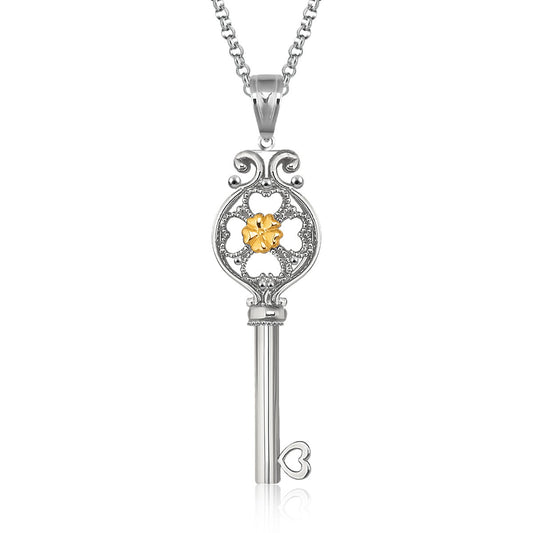 14K Yellow Gold & Sterling Silver Designer Floral Key Pendant