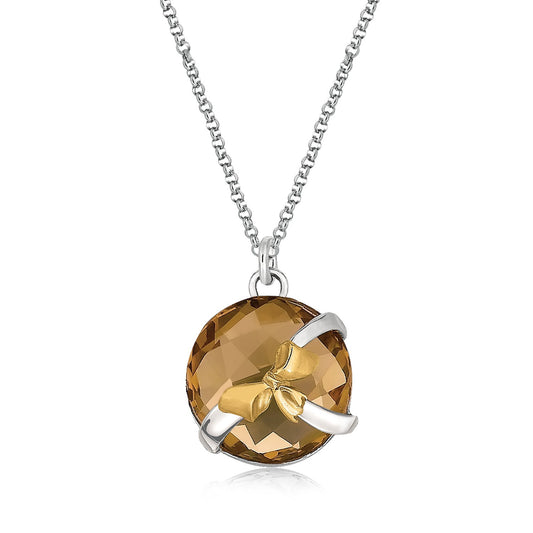 18K Yellow Gold and Sterling Silver Bow Design Round Whiskey Quartz Pendant