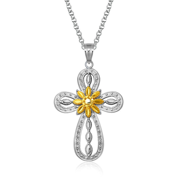 Designer Sterling Silver and 14K Yellow Gold Open Loop Cross Pendant