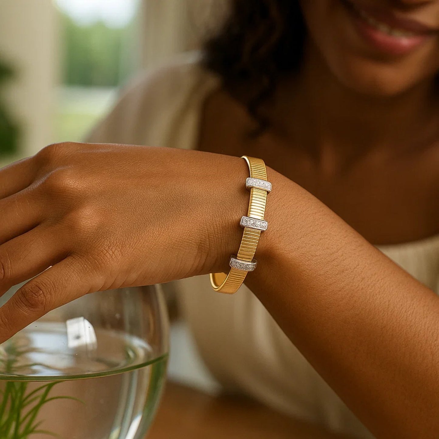 14K Yellow Gold Diamond Station Omega Cuff Bangle