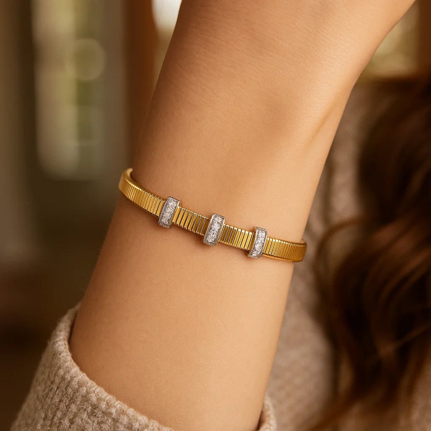 14K Yellow Gold Diamond Station Omega Cuff Bangle