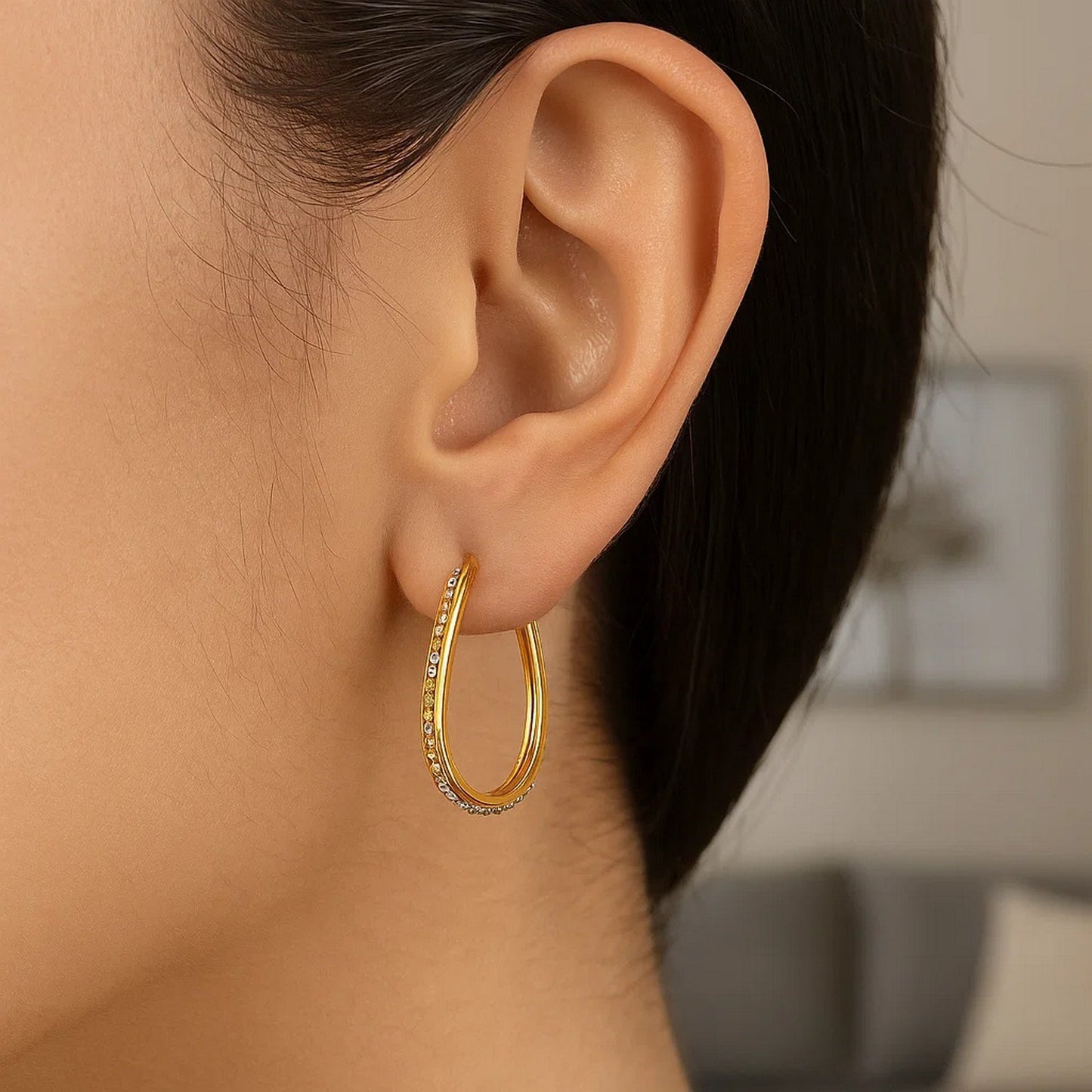 14k Two Tone Gold Oval Hoop Earrings with Bead Texture