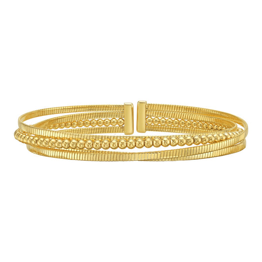 14K Yellow Gold Polished Omega And Beaded Layered Cuff (7.80 mm)