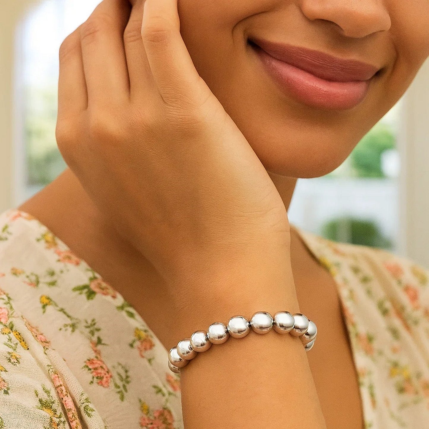 Rhodium Plated Sterling Silver Bold Bead Bracelet (10.00 mm)