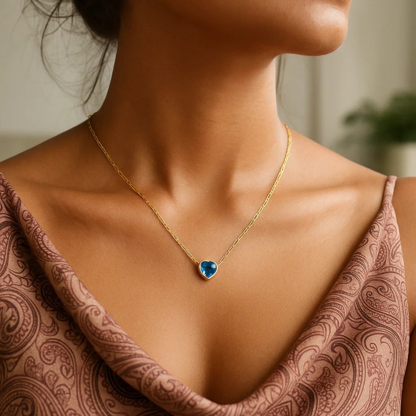 14K Yellow Gold Blue Topaz Heart Necklace (1.50 mm)