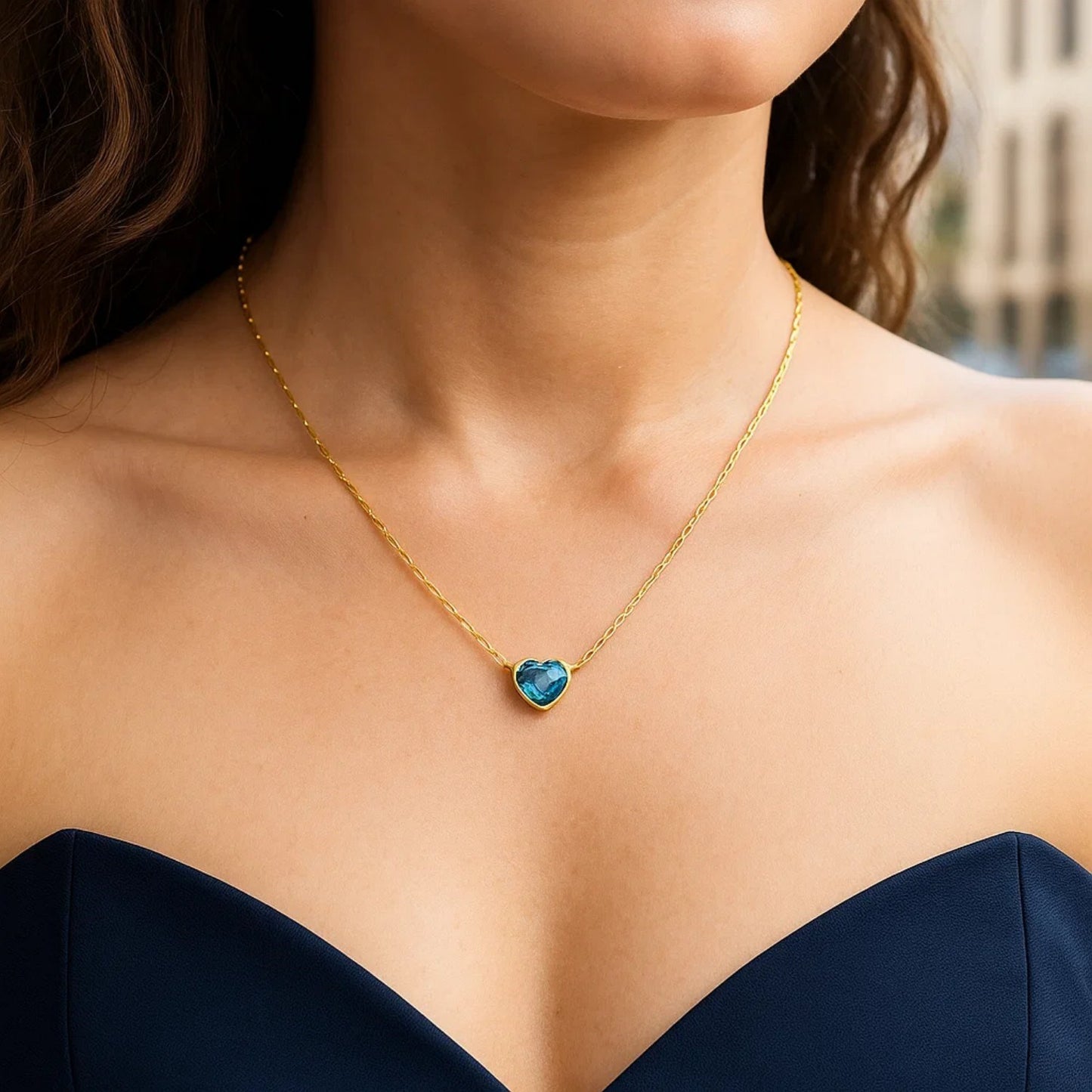 14K Yellow Gold Blue Topaz Heart Necklace (1.50 mm)