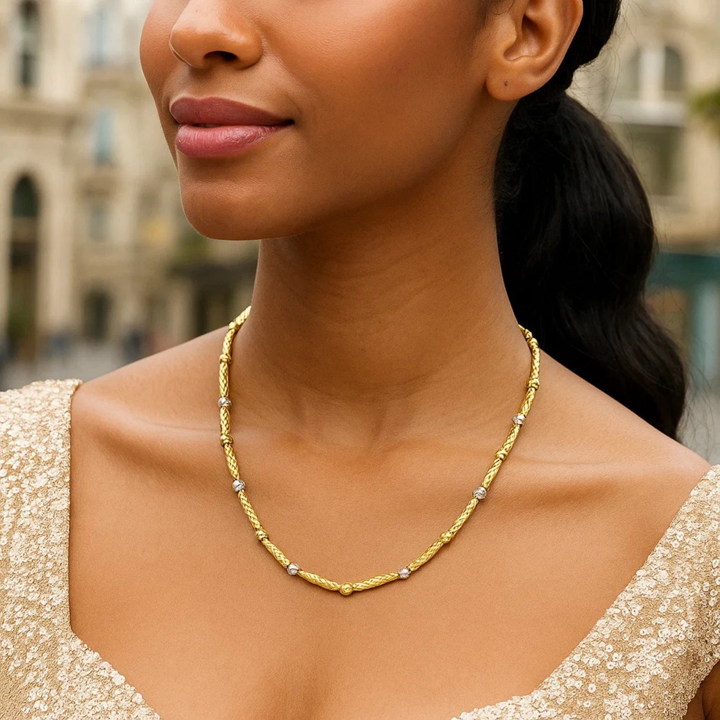 Two Tone Bar and Bead Necklace in 14K Gold