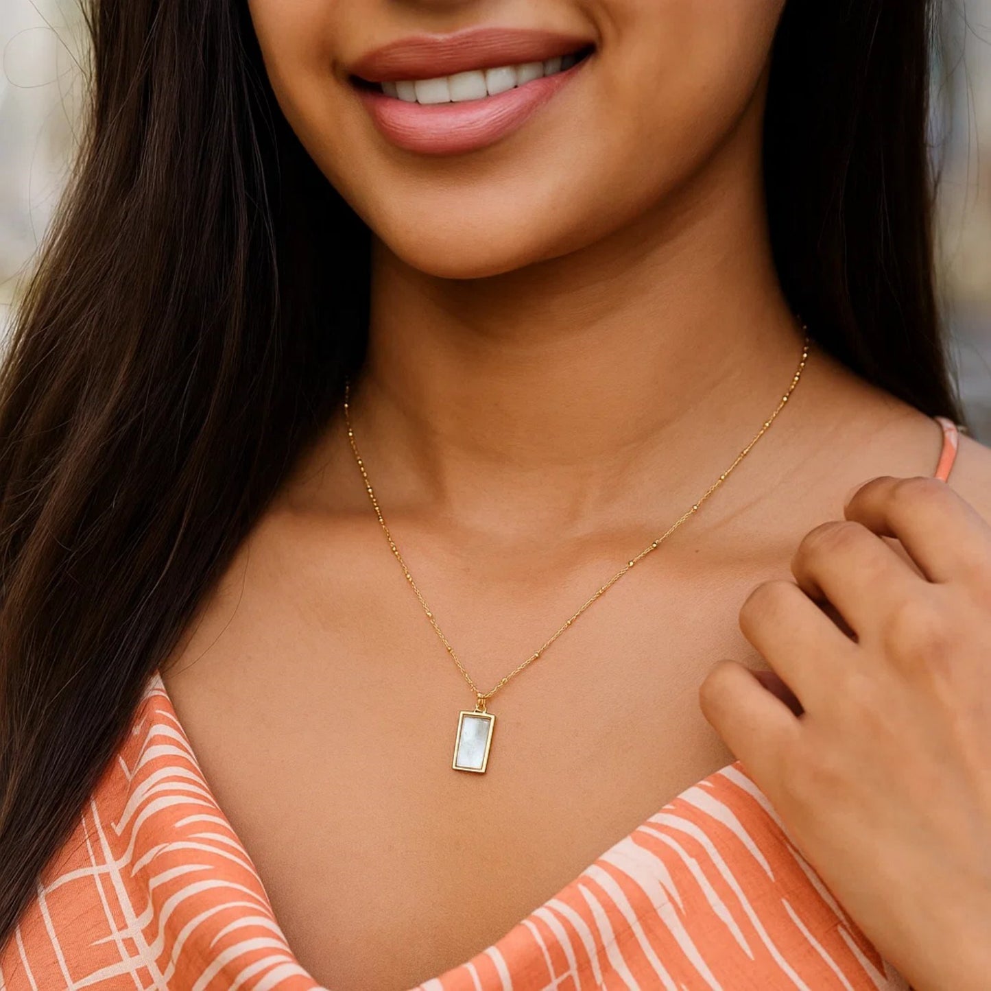 MOP Geometric Gem Rectangle Necklace in 14K Yellow Gold