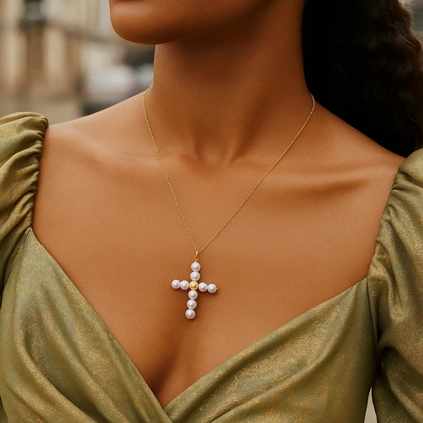14k Yellow Gold Pearl Cross Pendant