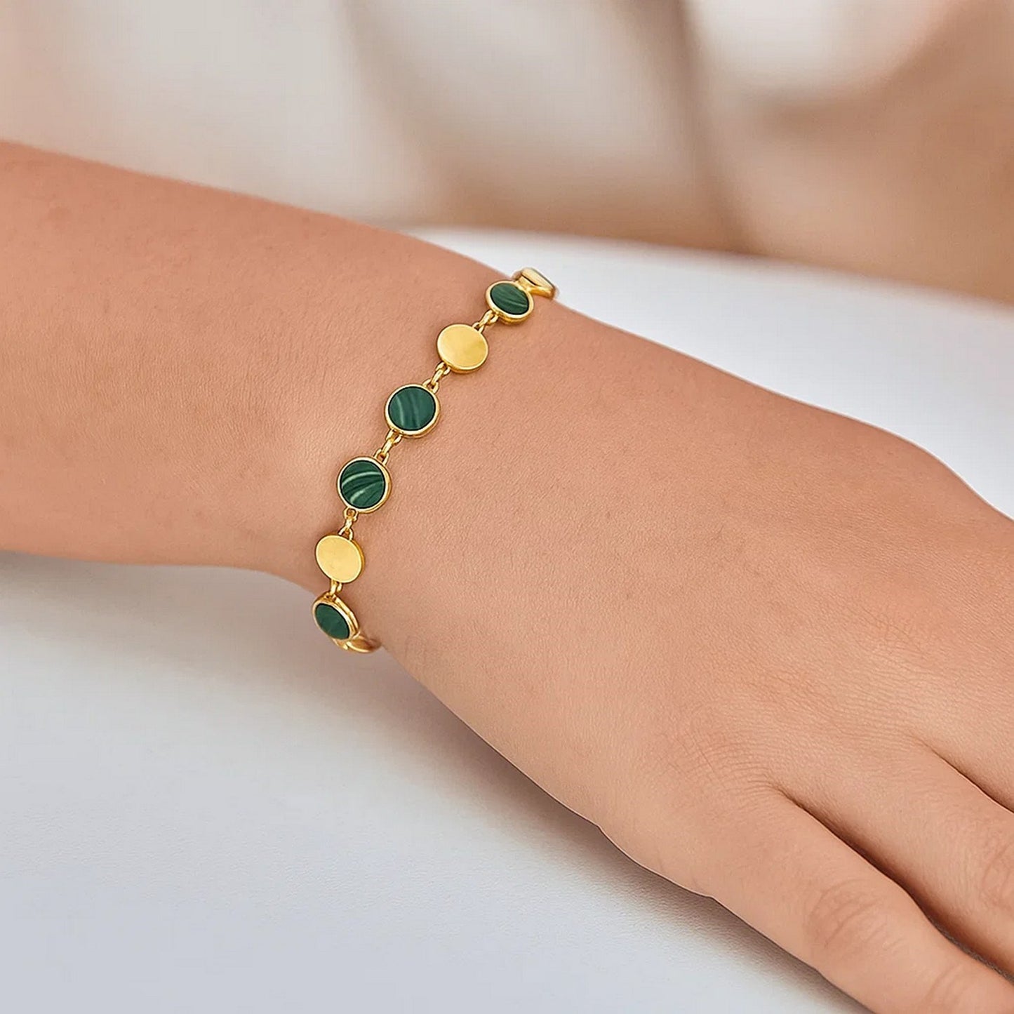 Malachite Gem Alternating Bracelet in 14K Yellow Gold (5.00 mm)