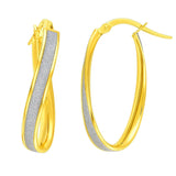 14k Two-Tone Gold Oval Hoop Twist Glittery Earrings