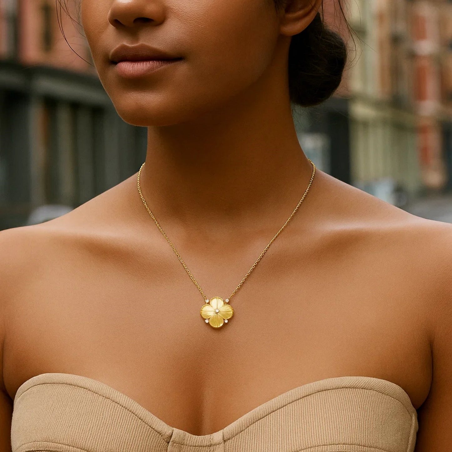 14K Yellow Gold Diamond Clover Pendant Necklace