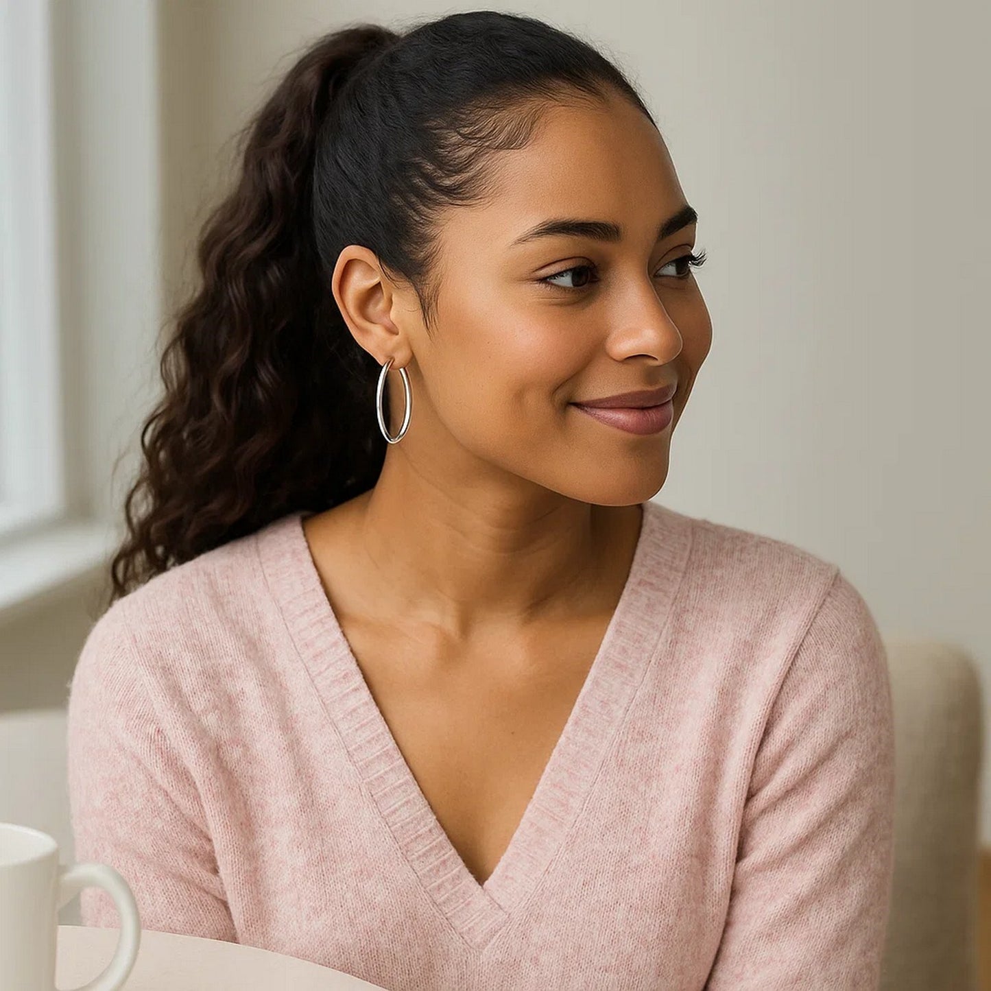 Sterling Silver Rhodium Plated Thin Large Polished Hoop Earrings (2x40mm)