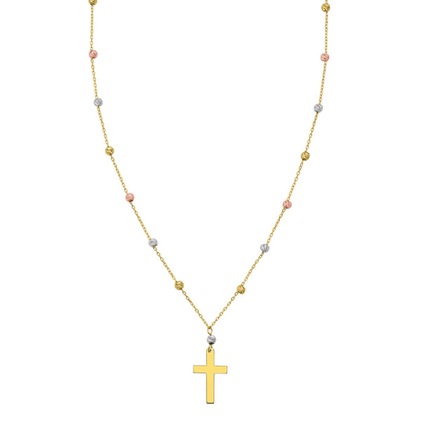 14K Tri Color Gold Beaded Cross Necklace