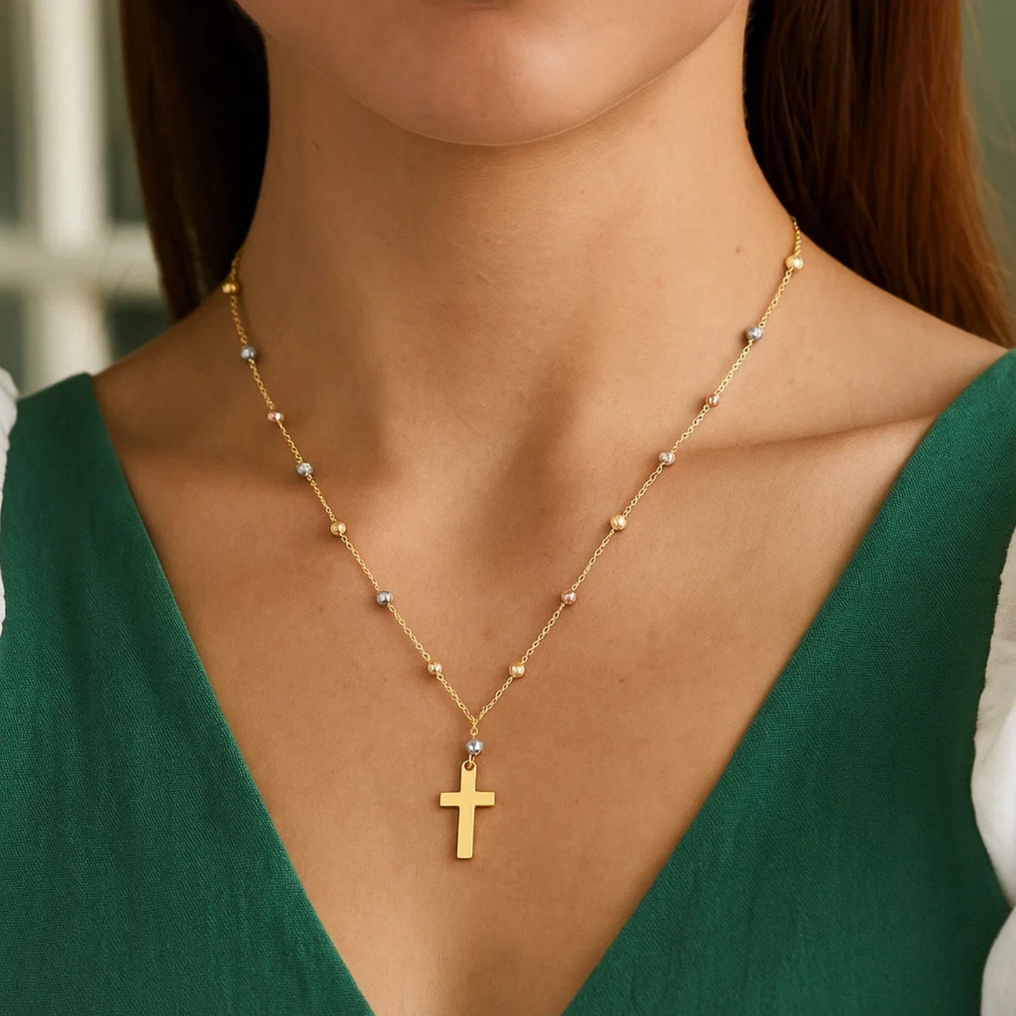 14K Tri Color Gold Beaded Cross Necklace