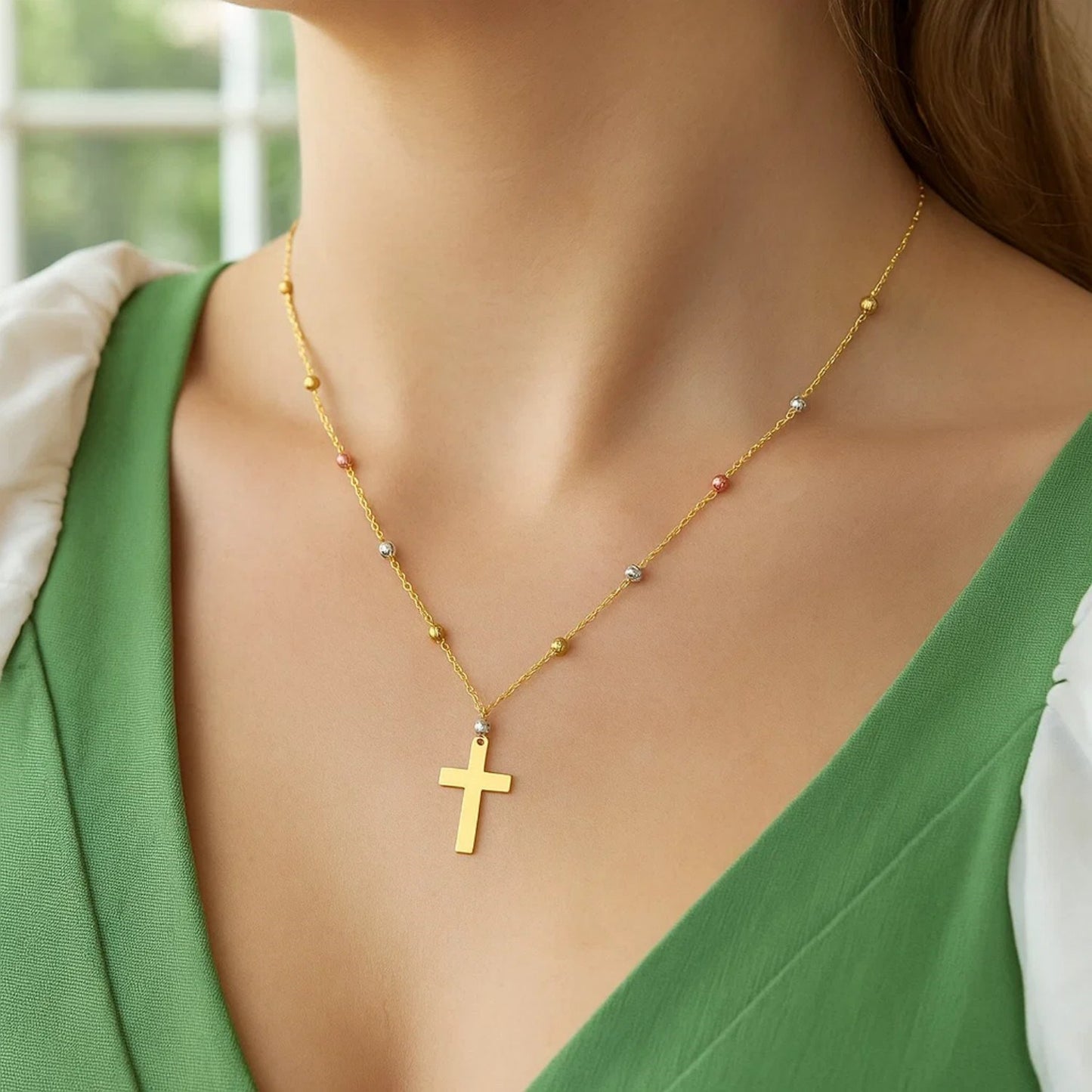 14K Tri Color Gold Beaded Cross Necklace