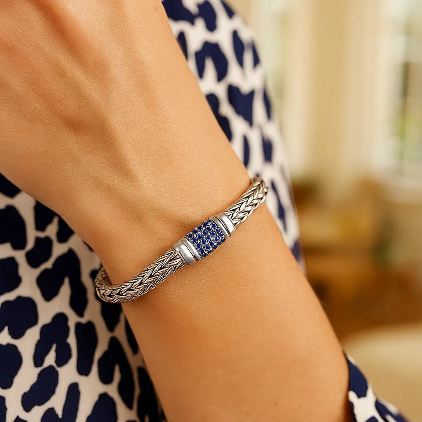 Sterling Silver Weave Motif Bracelet with Blue Sapphire Embellishments (7.00 mm)