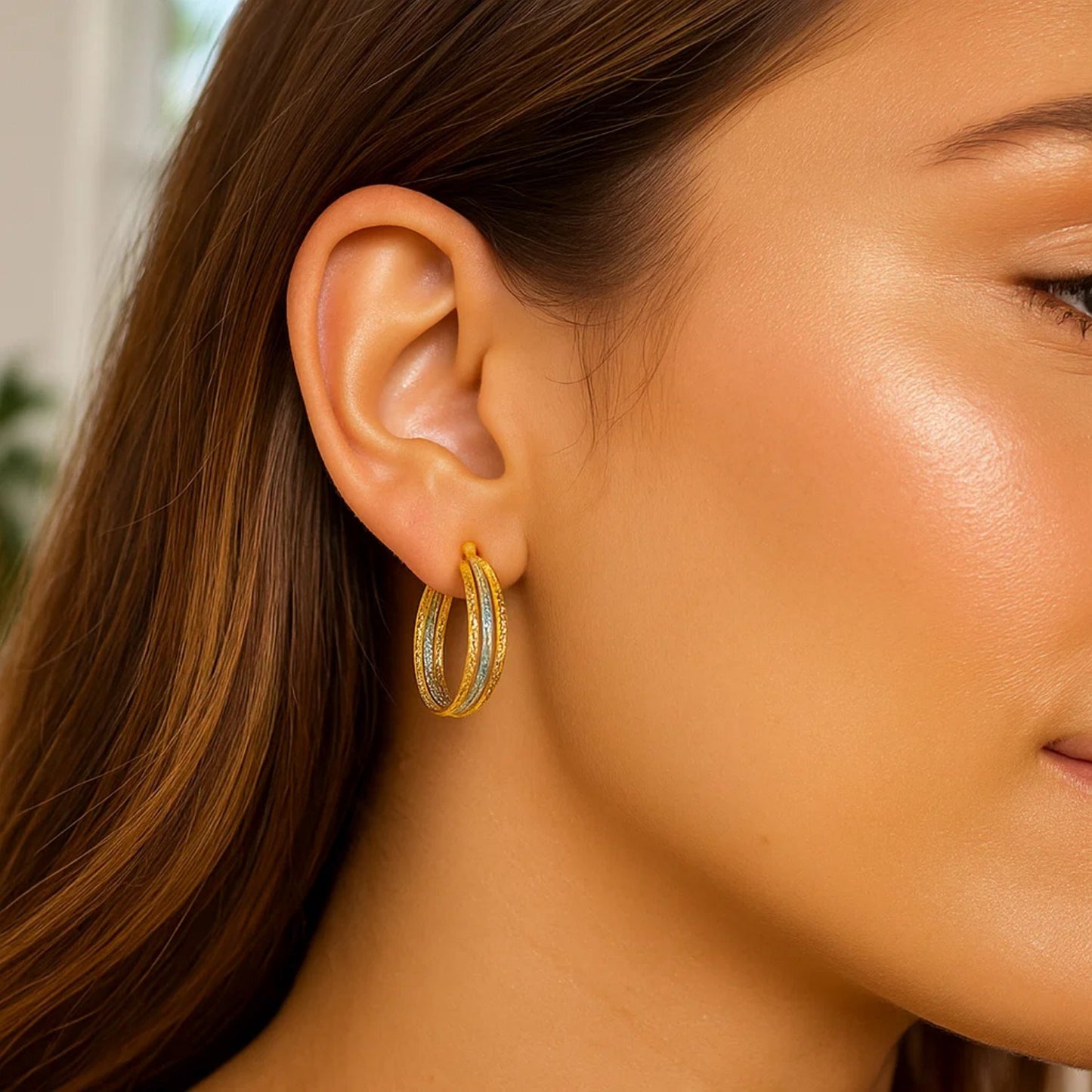 Three Part Textured Hoop Earrings in 14k Yellow and White Gold