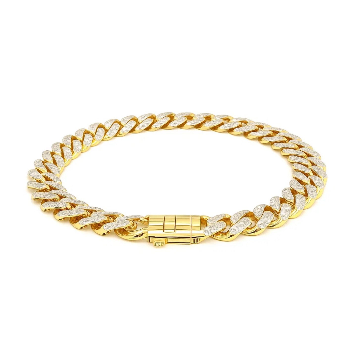 14k Two Tone Gold 8 1/4 inch Curb Chain Bracelet with White Pave (9.50 mm)