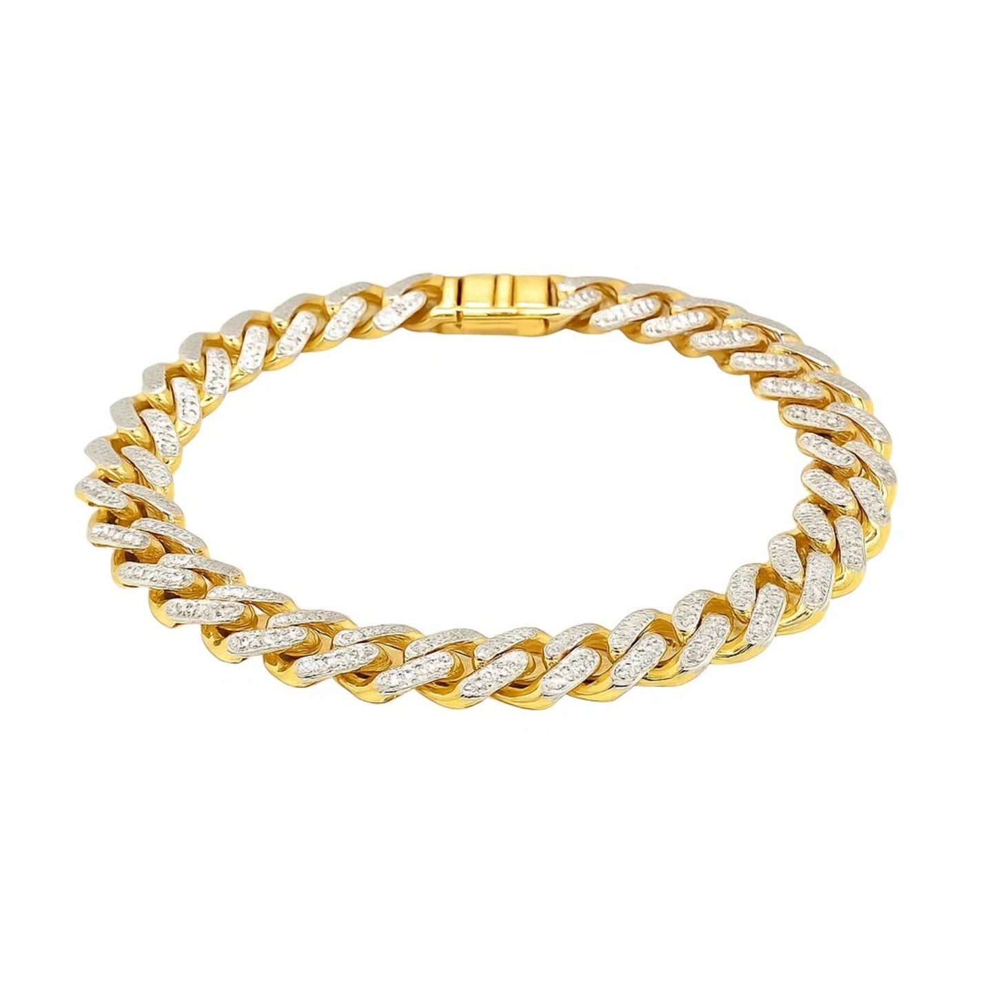 14k Two Tone Gold 8 1/4 inch Curb Chain Bracelet with White Pave (9.50 mm)