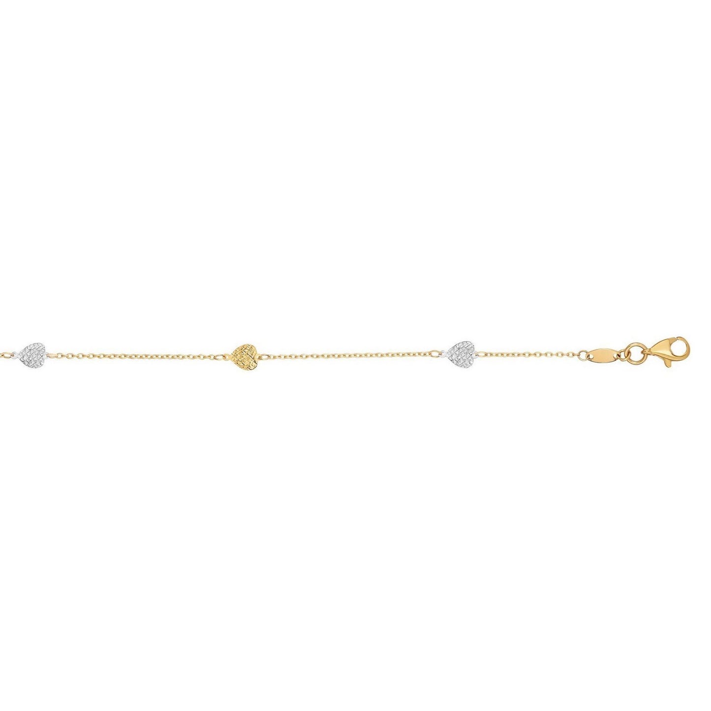 14k Two-Toned Yellow and White Gold Anklet with Textured Hearts